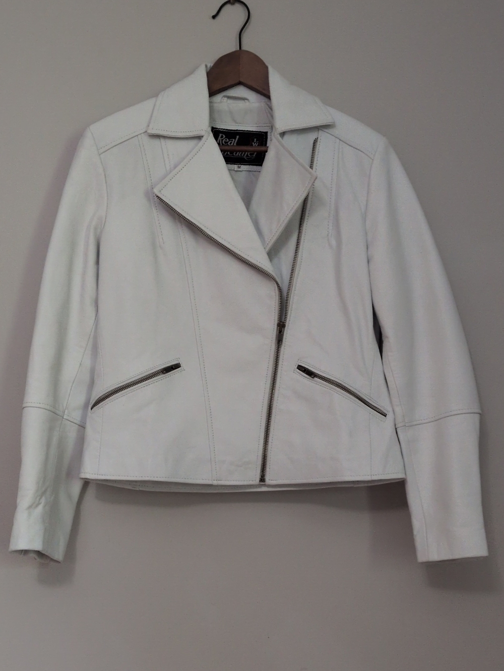 Real Leather Asymmetrical White Moto Jacket